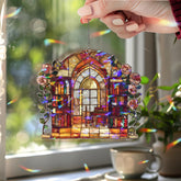 Library Faux Stained Glass Suncatcher Panel, Arched Window Book Nook with Roses, Cozy Reading Room Decor for Writers & Book Lovers